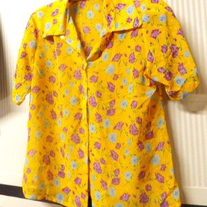 YELLOW, FLOWER PRINT,BUTTON DOWN BLOUSE, SIZE MEDIUM, SHORT SLEEVE, SHEER